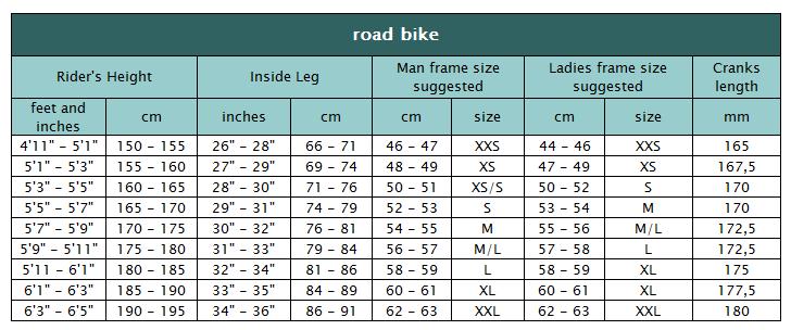 vintage road bike size chart